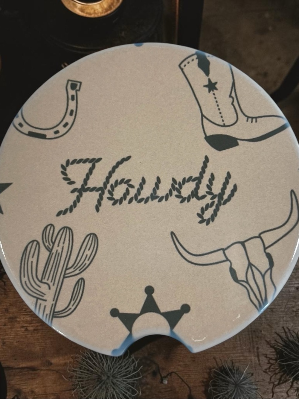 Howdy Ceramic Car Coaster - Cream with Teal Western Motifs (2 per set)